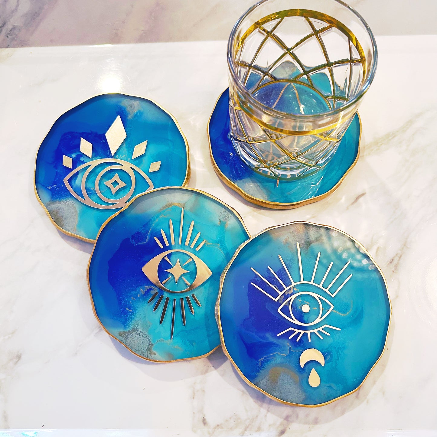 Evil Eye Coaster Set- Turquoise Blue