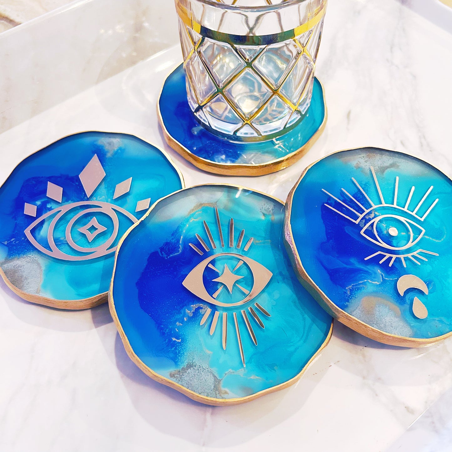 Evil Eye Coaster Set- Turquoise Blue