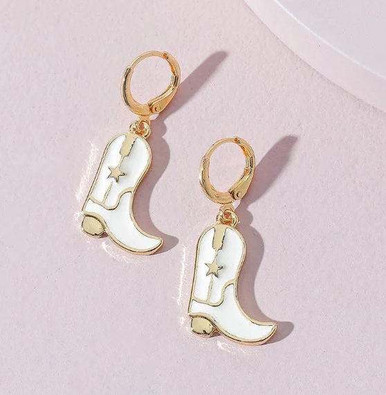 White & Gold Cowgirl Boot Earrings