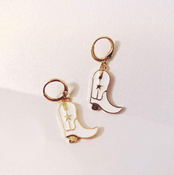 White & Gold Cowgirl Boot Earrings