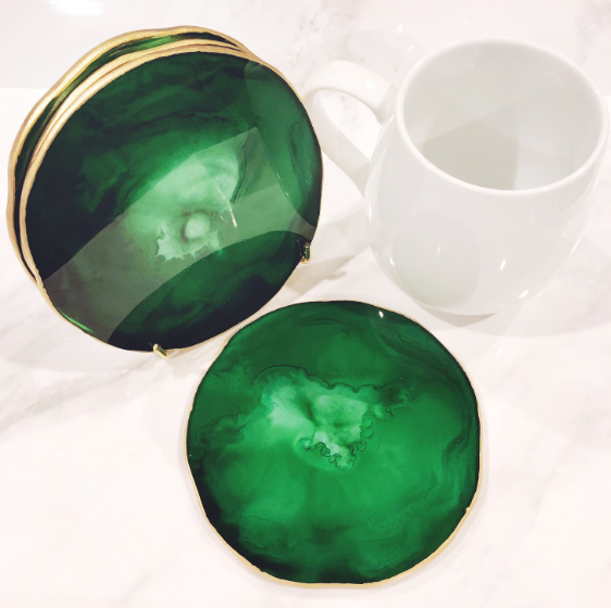 Emerald Green & Gold Natural Coasters