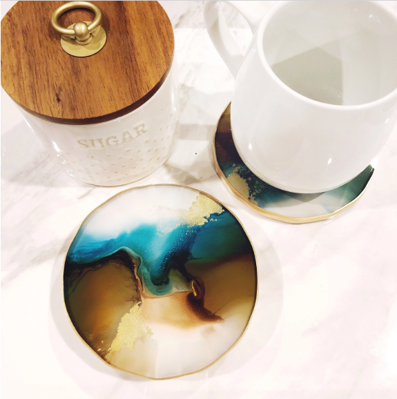 Teal, Teakwood & Gold Natural Coasters