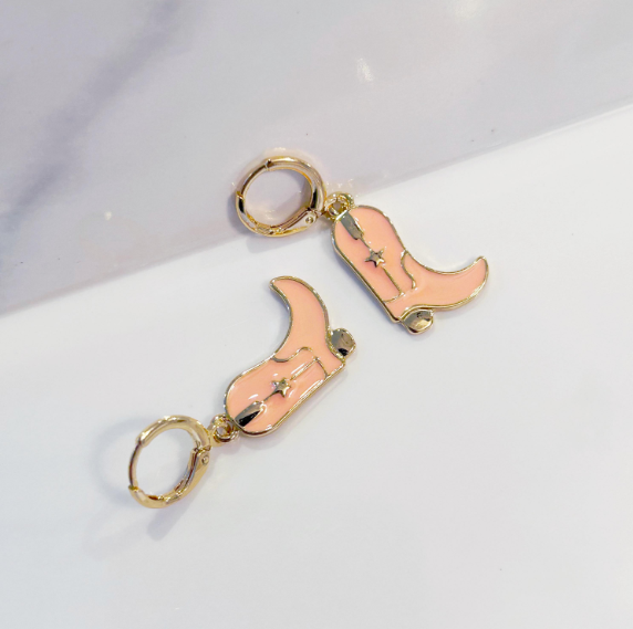 Soft Pink & Gold Cowgirl Boot Earrings